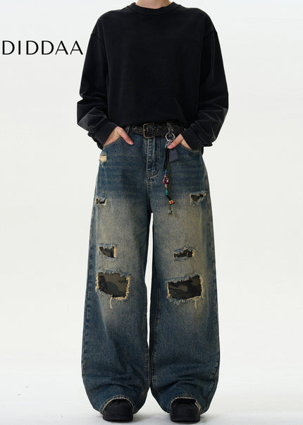 Green Ripped Loose Fit Camouflage Jeans for Men and Women - Men’s Jeans