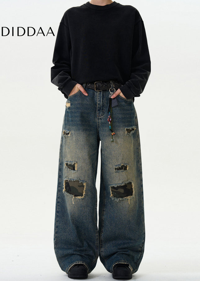 Green Ripped Loose Fit Camouflage Jeans for Men and Women - Men’s Jeans