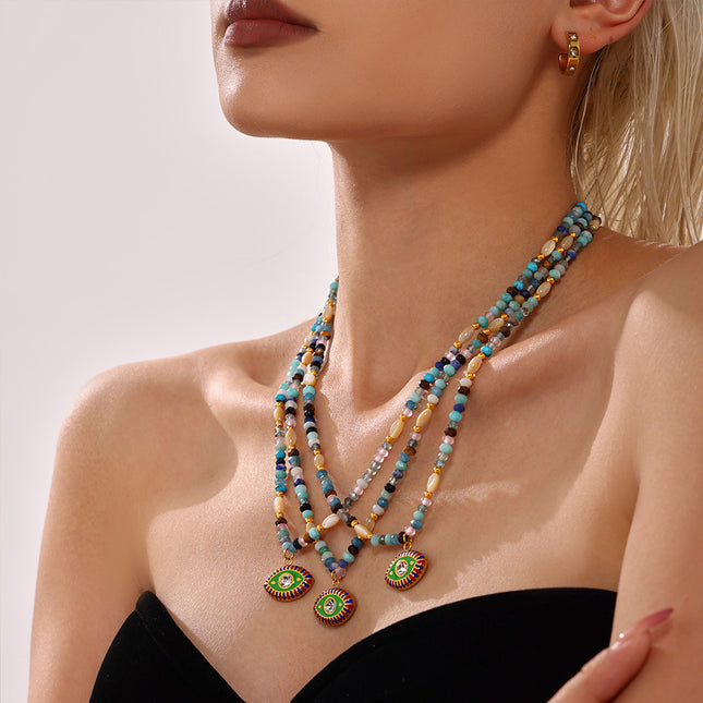 Mystery Nepal Creative Devil's Eye Natural Stone Beaded Necklace Ethnic Style Funny Personality Stainless Steel Jewelry