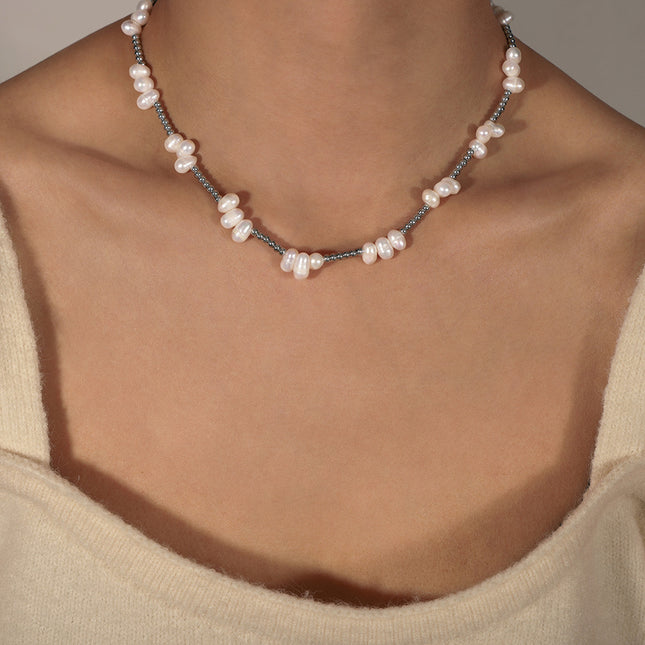 European and American new personality fashion simple natural baroque freshwater pearl titanium steel beads handmade beaded necklace jewelry