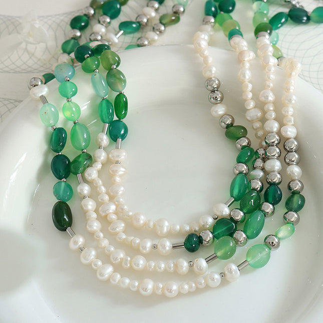 Freshwater pearl natural stone titanium steel beaded necklace jewelry factory direct creative retro fashionable personality design