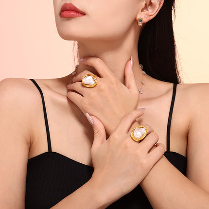 New ins style fashion ring special-shaped imitation pearl light luxury ring rings titanium steel non-fading hand jewelry