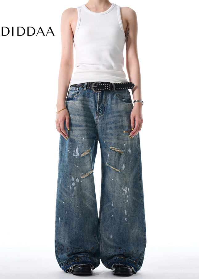 Blue Stain Splash Ink Wash Ripped Wide Leg Jeans - Men’s Jeans