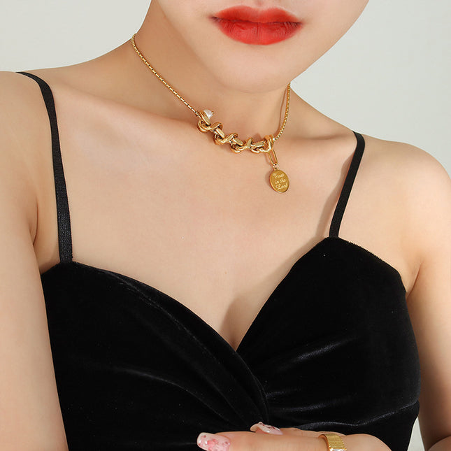 European and American hip-hop tide does not fade geometric collar freshwater pearl medallion Cuban chain pendant box chain P854