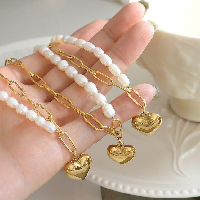 European and American cold ins style niche design sense Baroque freshwater pearl heart chain necklace clavicle chain P691