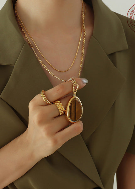 Natural Tiger's Eye Double Necklace Temperament Cold Wind European and American Personality Exaggerated Titanium Steel Gold Plated Sweater Chain Accessories Women