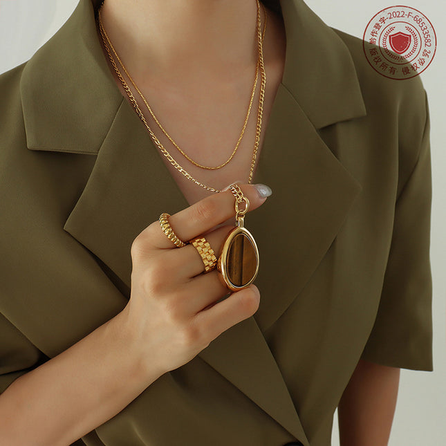 Natural Tiger's Eye Double Necklace Temperament Cold Wind European and American Personality Exaggerated Titanium Steel Gold Plated Sweater Chain Accessories Women