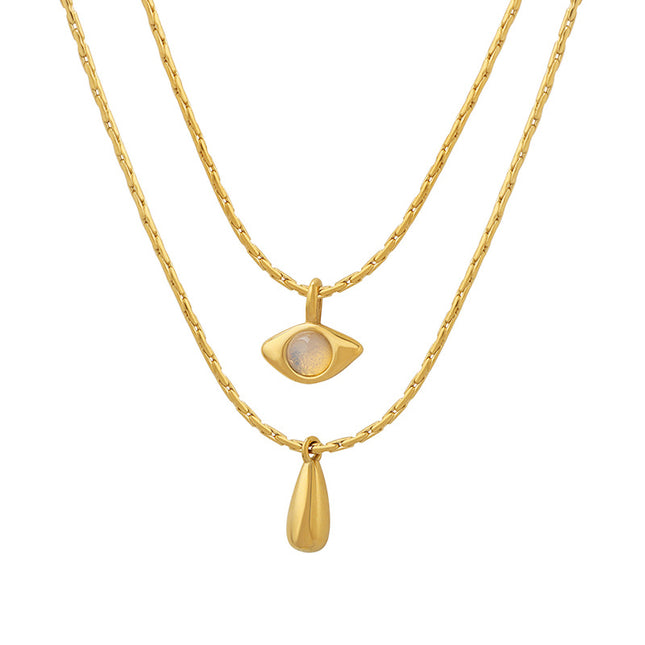 French retro non-fading double-layer titanium steel plated 18K real gold opal drop pendant necklace light luxury jewelry women