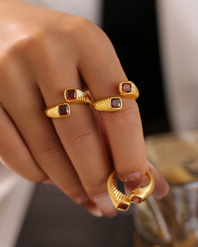 Retro European and American style geometric red zircon ring opening does not fade index finger ring light luxury cold wind copper material jewelry