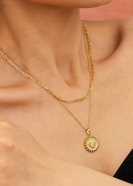 Mystery European and American style embossed peach heart sun lace double-layer necklace personality clavicle chain stainless steel color-retaining jewelry tide