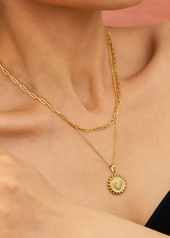 Mystery European and American style embossed peach heart sun lace double-layer necklace personality clavicle chain stainless steel color-retaining jewelry tide