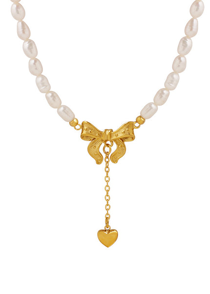 French princess with bow tassel love pendant freshwater pearl necklace elegant and fashionable non-fading jewelry