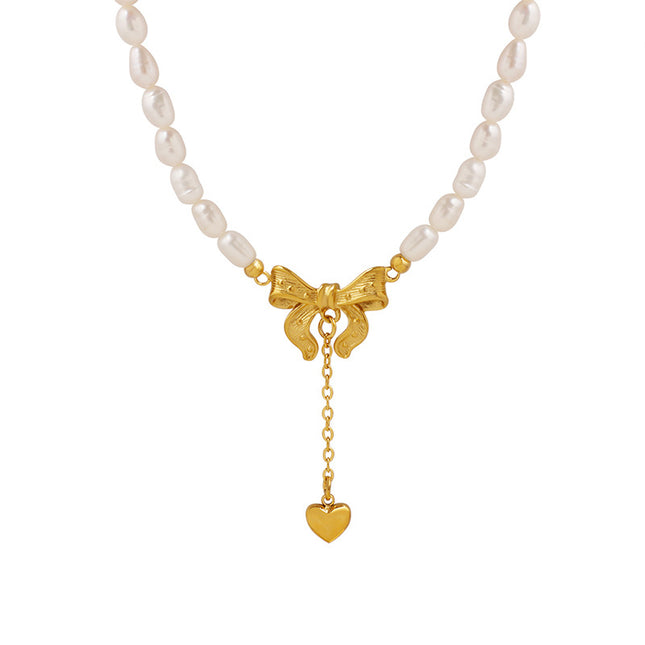 French princess with bow tassel love pendant freshwater pearl necklace elegant and fashionable non-fading jewelry
