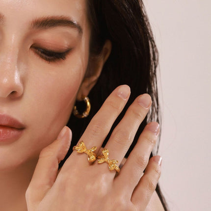 Mystery Li, European and American ins style niche bow open ring, stainless steel, vacuum plating, beautiful girl's index finger ring