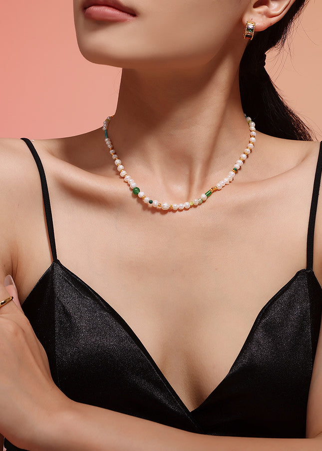 Natural freshwater pearl OT buckle delicate beaded necklace light luxury titanium steel clavicle chain versatile necklace girlfriend gifts