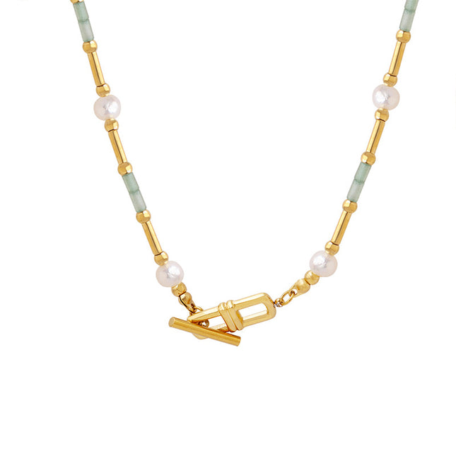 Exquisite art does not fade accessories aventurine stone freshwater pearl OT clasp design necklace French style ins jewelry