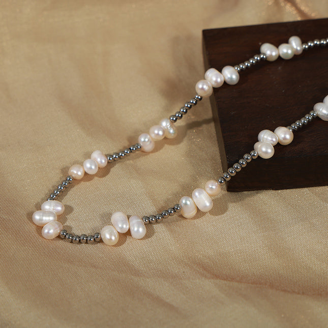 European and American new personality fashion simple natural baroque freshwater pearl titanium steel beads handmade beaded necklace jewelry