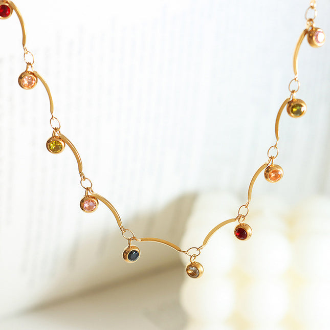 Niche does not fade fashion personality color zircon pendant water wave chain necklace titanium steel plated 18K gold accessories jewelry