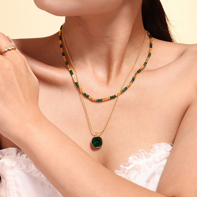 Hot Selling New Natural Stone Beaded Crystal Stone Pendant Double Layer Necklace Stainless Steel Versatile Clavicle Chain Necklace Wholesale