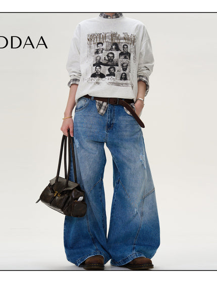 Vintage Wash Distressed Wide Leg Jeans for Men and Women - S / Mid Blue - Men’s Jeans