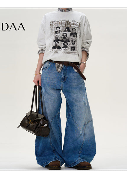Vintage Wash Distressed Wide Leg Jeans for Men and Women - S / Mid Blue - Men’s Jeans