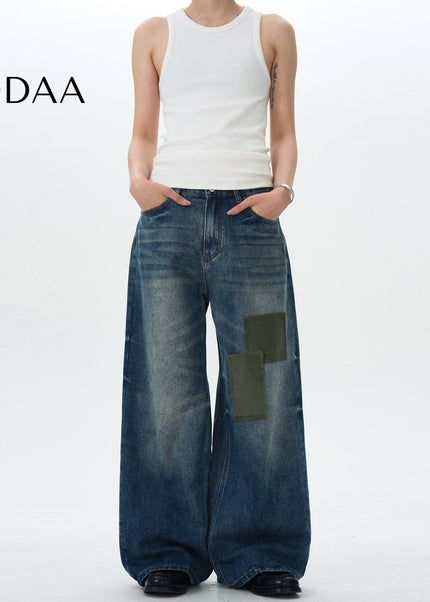 Blue Patch Wash Loose Fit Jeans for Men and Women - S / Mid Blue - Men’s Jeans