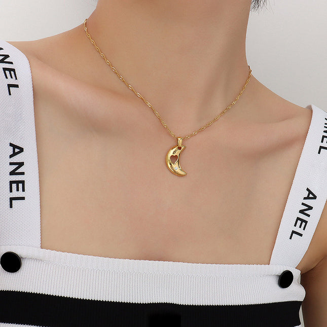 Japanese and Korean ins style choker zircon moon hollow love pendant necklace titanium steel plated 18 real gold necklace jewelry