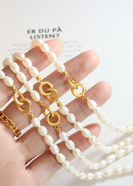 French non-fading niche light luxury double-ring buckle freshwater pearl versatile titanium steel gold-plated necklace non-fading jewelry women