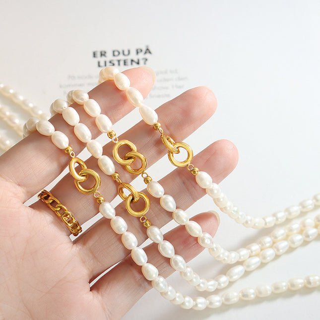 French non-fading niche light luxury double-ring buckle freshwater pearl versatile titanium steel gold-plated necklace non-fading jewelry women