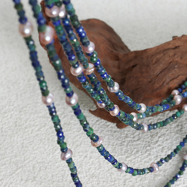 Natural faceted phoenix lapis lazuli colored freshwater pearl beaded handmade necklace feminine temperament west queen clavicle chain