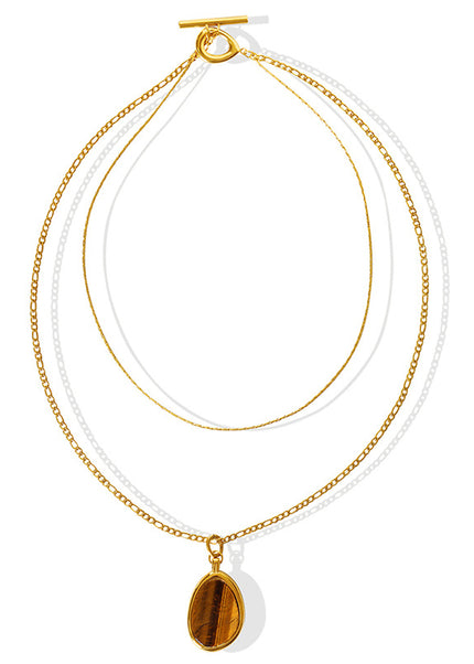 Natural Tiger's Eye Double Necklace Temperament Cold Wind European and American Personality Exaggerated Titanium Steel Gold Plated Sweater Chain Accessories Women