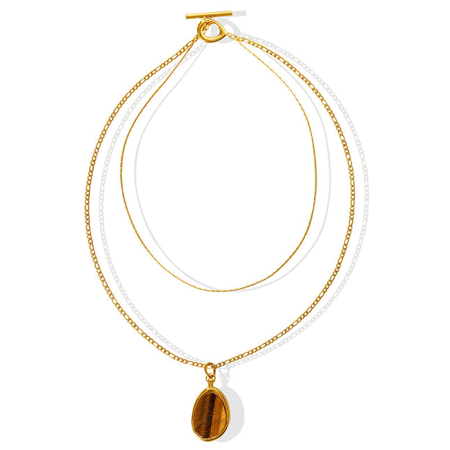 Natural Tiger's Eye Double Necklace Temperament Cold Wind European and American Personality Exaggerated Titanium Steel Gold Plated Sweater Chain Accessories Women