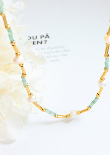 Exquisite art does not fade accessories aventurine stone freshwater pearl OT clasp design necklace French style ins jewelry
