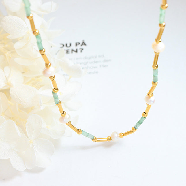 Exquisite art does not fade accessories aventurine stone freshwater pearl OT clasp design necklace French style ins jewelry