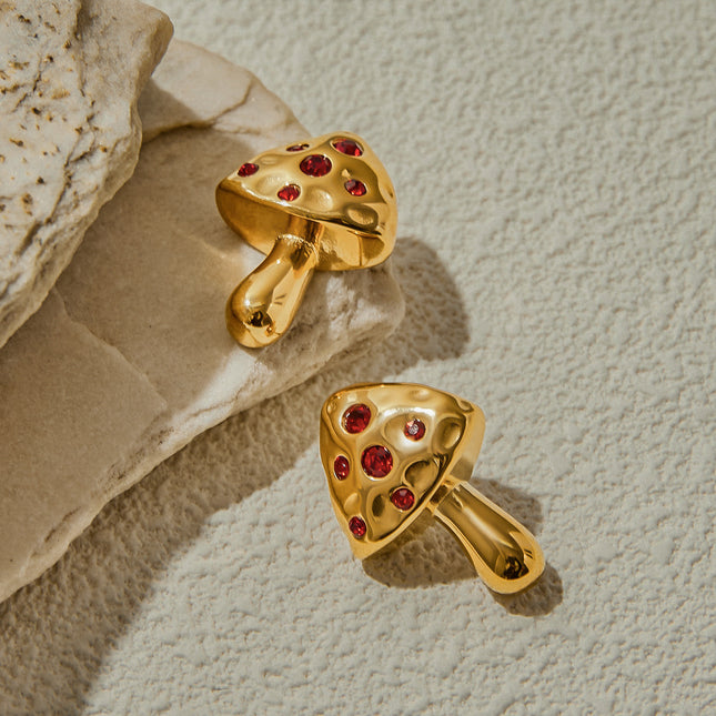 Jieding European and American stainless steel red zirconia earrings, titanium steel, 18K gold, non-fading, mushroom earrings, light luxury luxury accessories