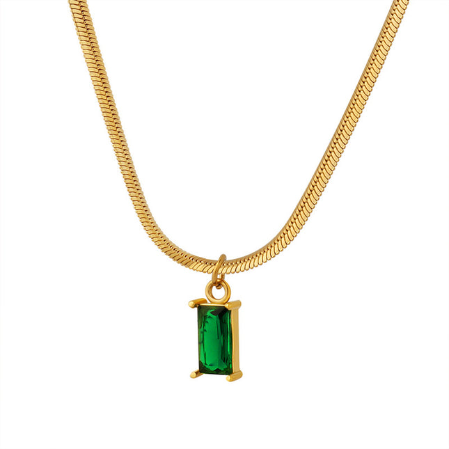 Japanese and Korean style niche design sense titanium steel gold-plated snake bone chain retro style light luxury emerald zircon pendant necklace