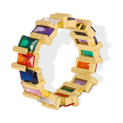 European and American new light luxury, simple and fashionable copper material inlaid with colored zircon open rings, personality niche design jewelry