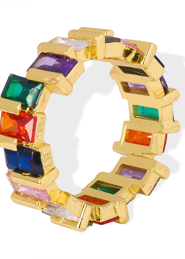 European and American new light luxury, simple and fashionable copper material inlaid with colored zircon open rings, personality niche design jewelry