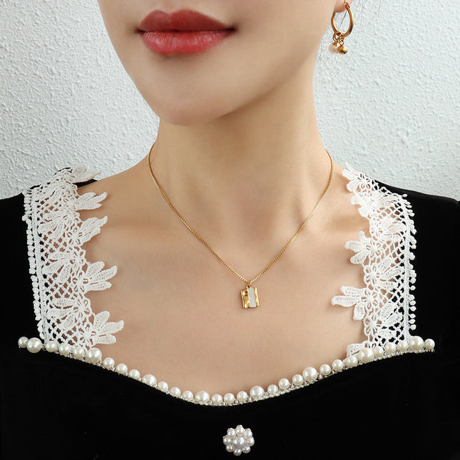 French style white sea shell square pendant necklace female niche creative design titanium steel plated 18k gold box chain