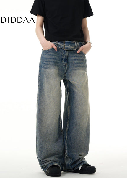 Blue Loose Fit Retro Belt Jeans for Men - Men’s Jeans