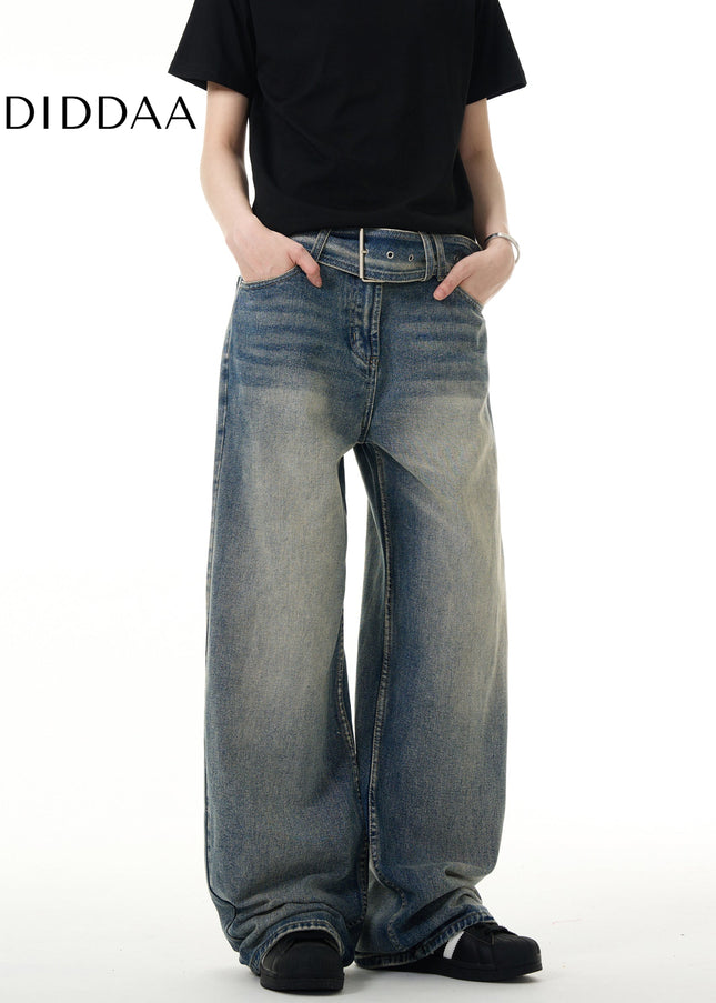 Blue Loose Fit Retro Belt Jeans for Men - Men’s Jeans