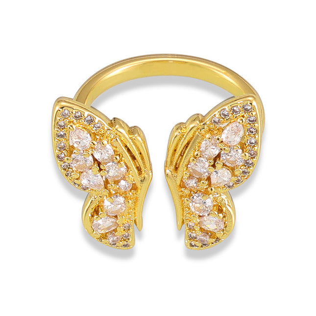 European and American fashion butterfly shape temperament ring geometric inlay zircon design sense personality open copper ring Ring