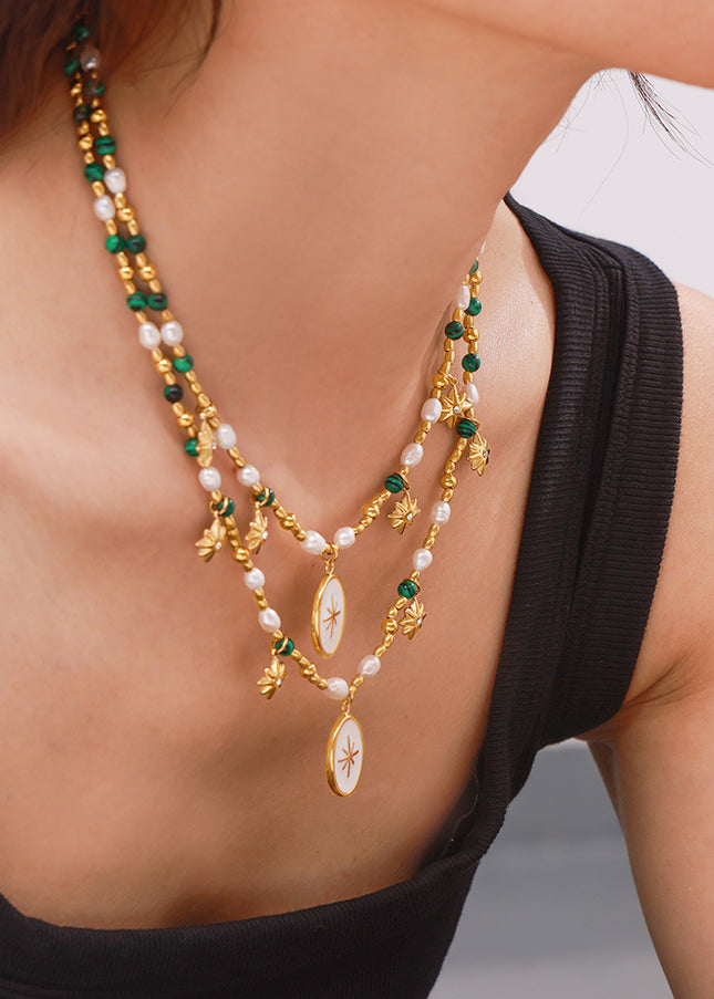 French simple elegance freshwater pearl beaded ornament coin drip oil pendant eight-pointed star titanium steel necklace