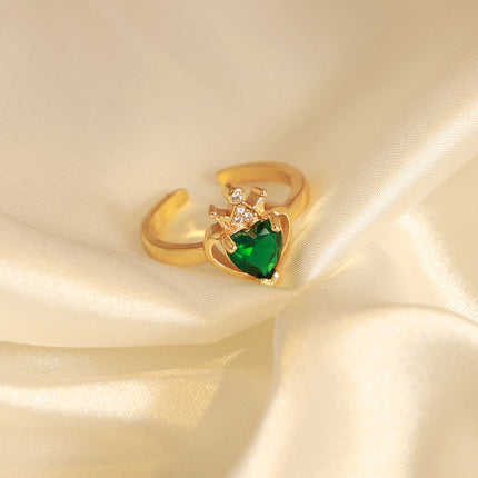 French new light luxury fashion versatile copper material heart zircon crown open ring jewelry retro personality women