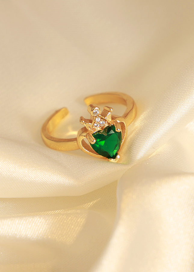 French new light luxury fashion versatile copper material heart zircon crown open ring jewelry retro personality women