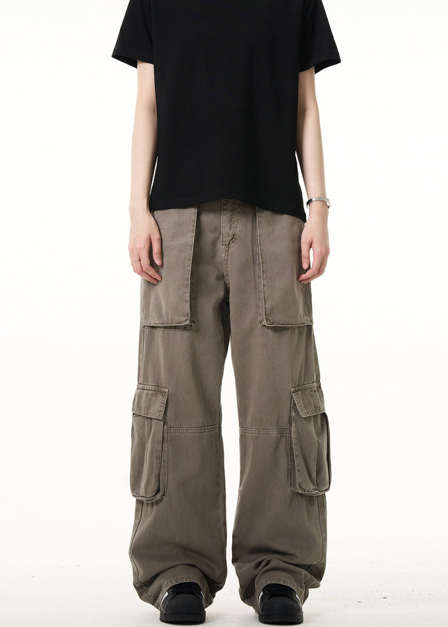 Beige Large Pocket Straight Leg Cargo Pants for Men and Women - Men’s Jeans