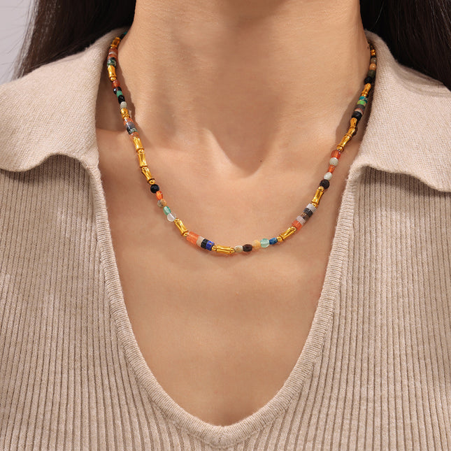 Bohemian dopamine colored natural stone beaded necklace cross-border simple and versatile stainless steel clavicle necklace