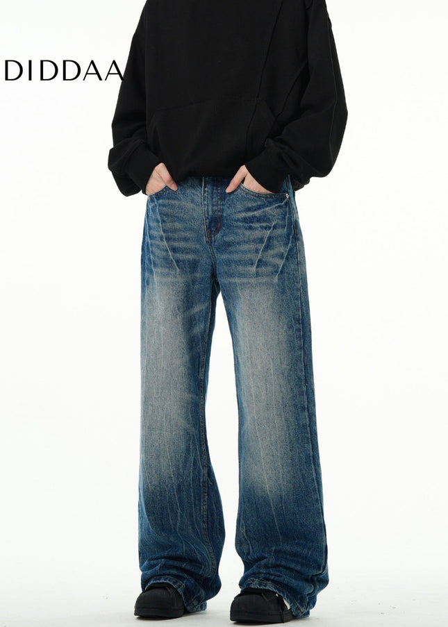 Light Blue Lightning Burst Crack Wash Straight Jeans - Men’s Jeans