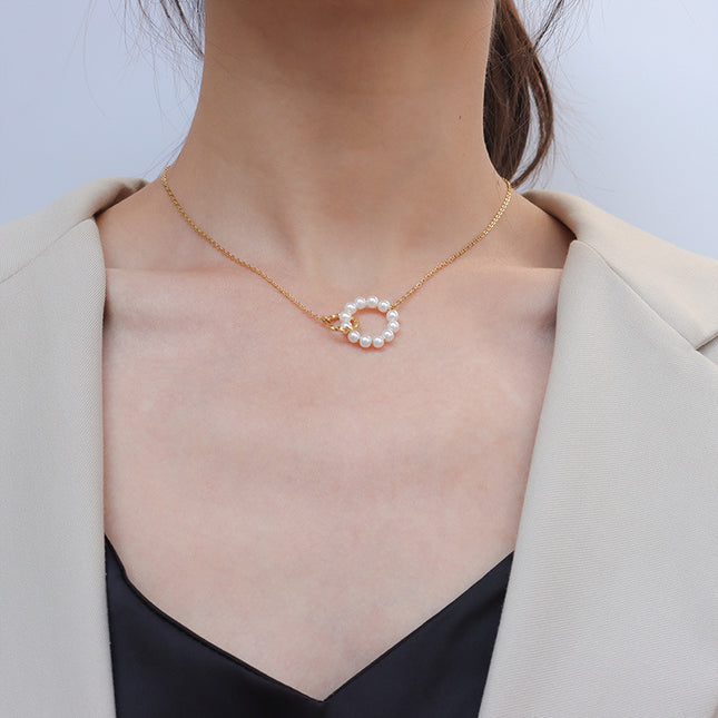 Mystery beauty Japan and South Korea retro exquisite ring imitation pearl necklace chocker neck chain clavicle chain titanium steel jewelry spot