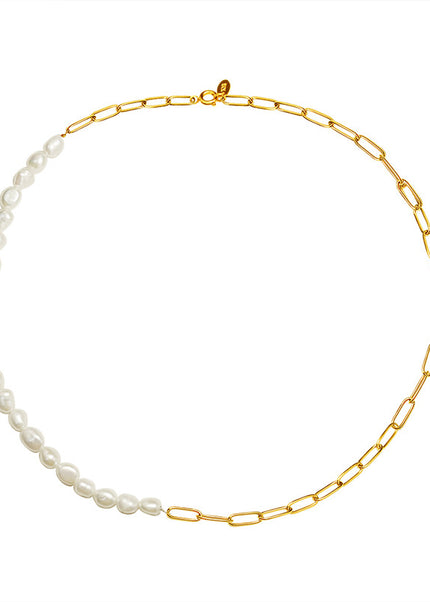 French style fashion versatile necklace freshwater pearl stitching necklace women's titanium steel plated 18K real gold clavicle chain P582